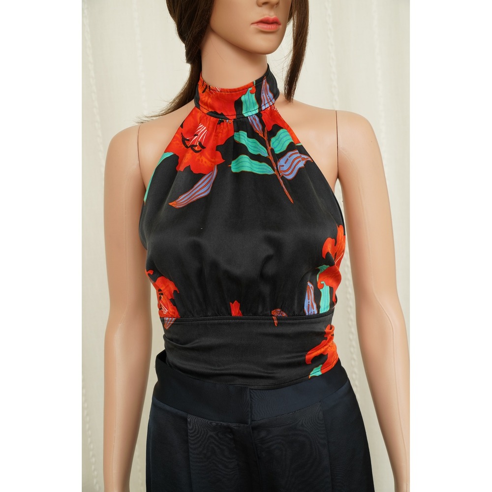 Floral Halter‎ Neck Top Black Red Satin Open Back Gold Snap Button High Neck - Picture 3 of 5